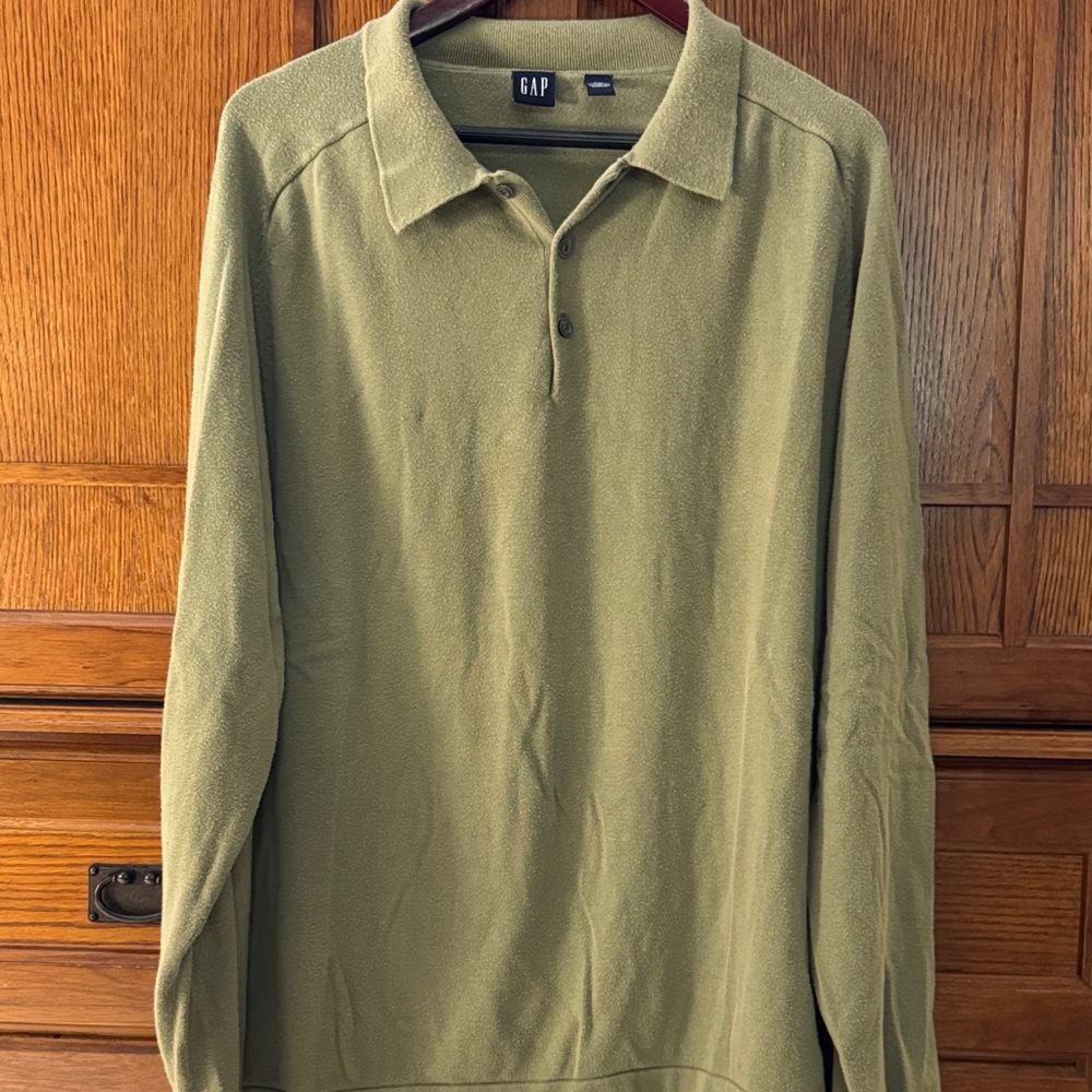 Y2K GAP Men's Classic Long Sleeve Polo Shirt Olive Green Vintage VTG 90s 00s